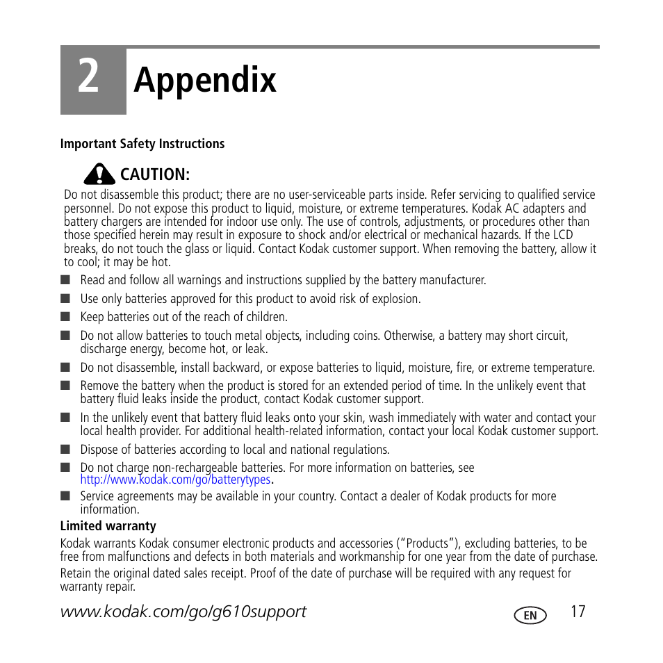 Appendix | Kodak G610 User Manual | Page 17 / 20