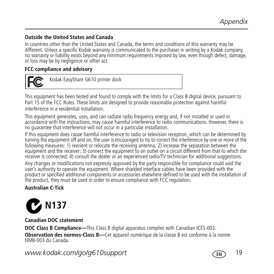 N137 | Kodak G610 User Manual | Page 19 / 20