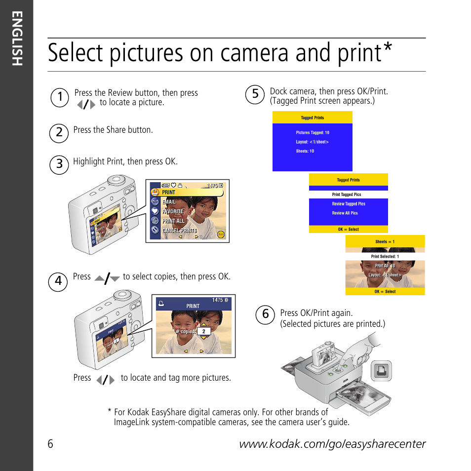 Select pictures on camera and print, English | Kodak G610 User Manual | Page 6 / 20