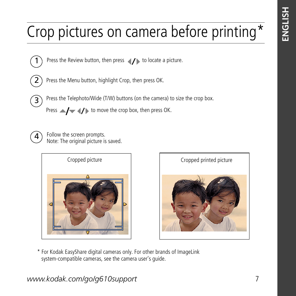 Crop pictures on camera before printing | Kodak G610 User Manual | Page 7 / 20