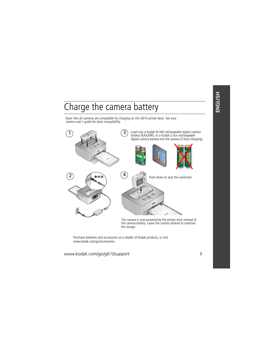 Charge the camera battery | Kodak G610 User Manual | Page 9 / 20