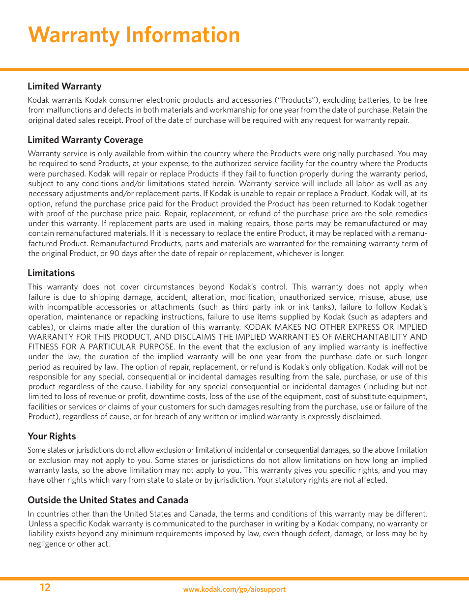Warranty information | Kodak ESP 7 User Manual | Page 12 / 16
