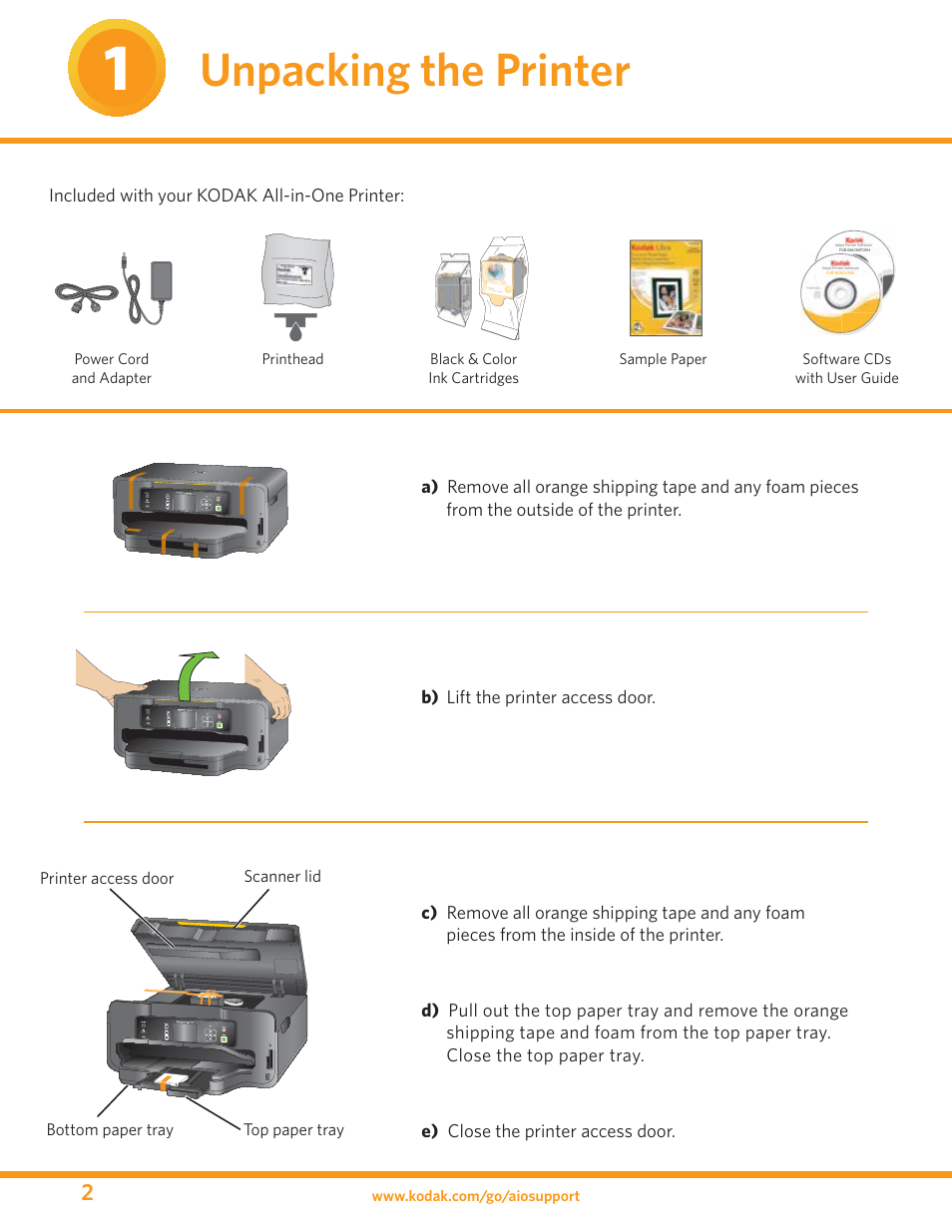 Unpacking the printer | Kodak ESP 7 User Manual | Page 2 / 16