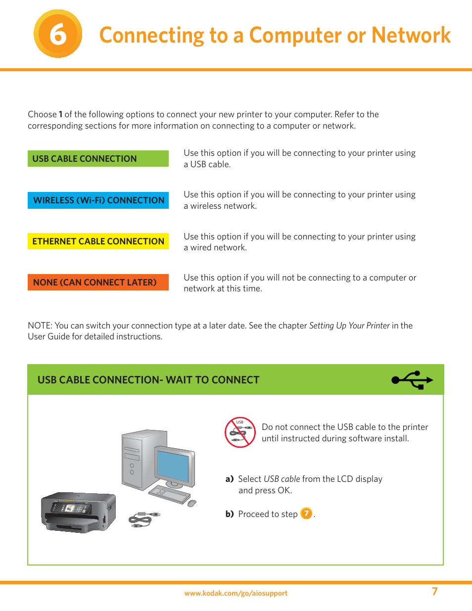 Connecting to a computer or network | Kodak ESP 7 User Manual | Page 7 / 16