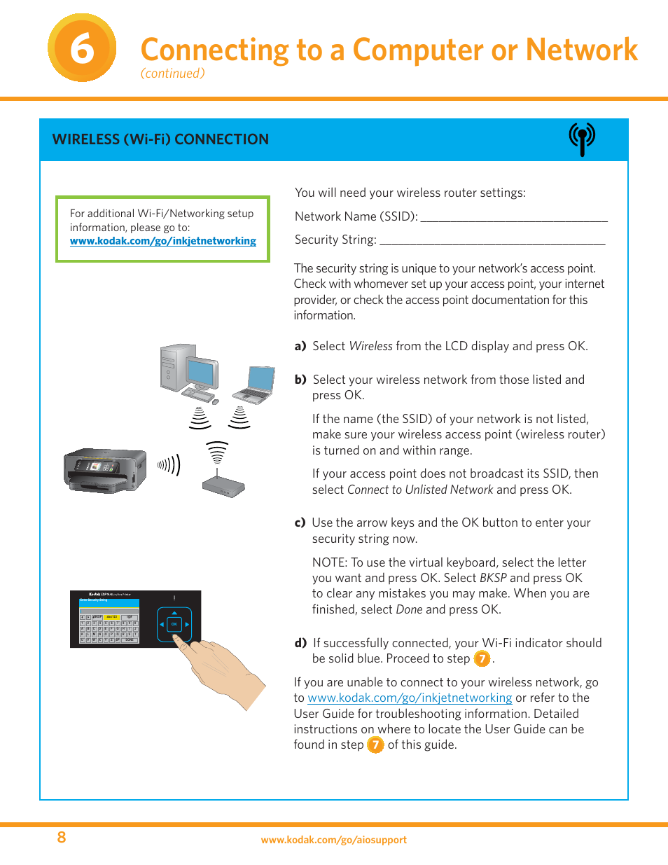 Connecting to a computer or network, Wireless (wi-fi) connection, Continued) | Of this guide | Kodak ESP 7 User Manual | Page 8 / 16