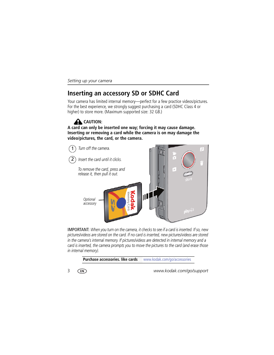 Inserting an accessory sd or sdhc card | Kodak PLAYFULL ZE1 User Manual | Page 10 / 34