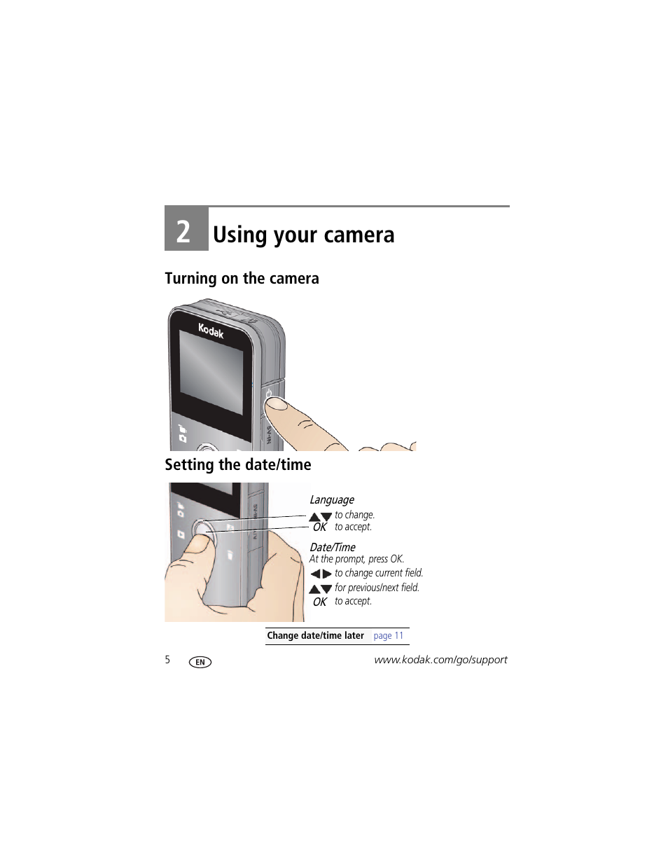 Using your camera, Turning on the camera, Setting the date/time | 2 using your camera, Turning on the camera setting the date/time | Kodak PLAYFULL ZE1 User Manual | Page 12 / 34