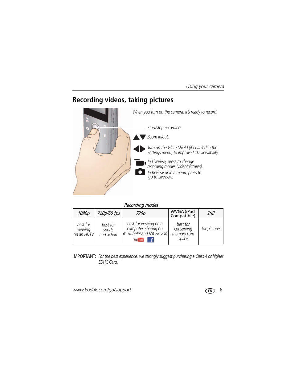 Recording videos, taking pictures | Kodak PLAYFULL ZE1 User Manual | Page 13 / 34