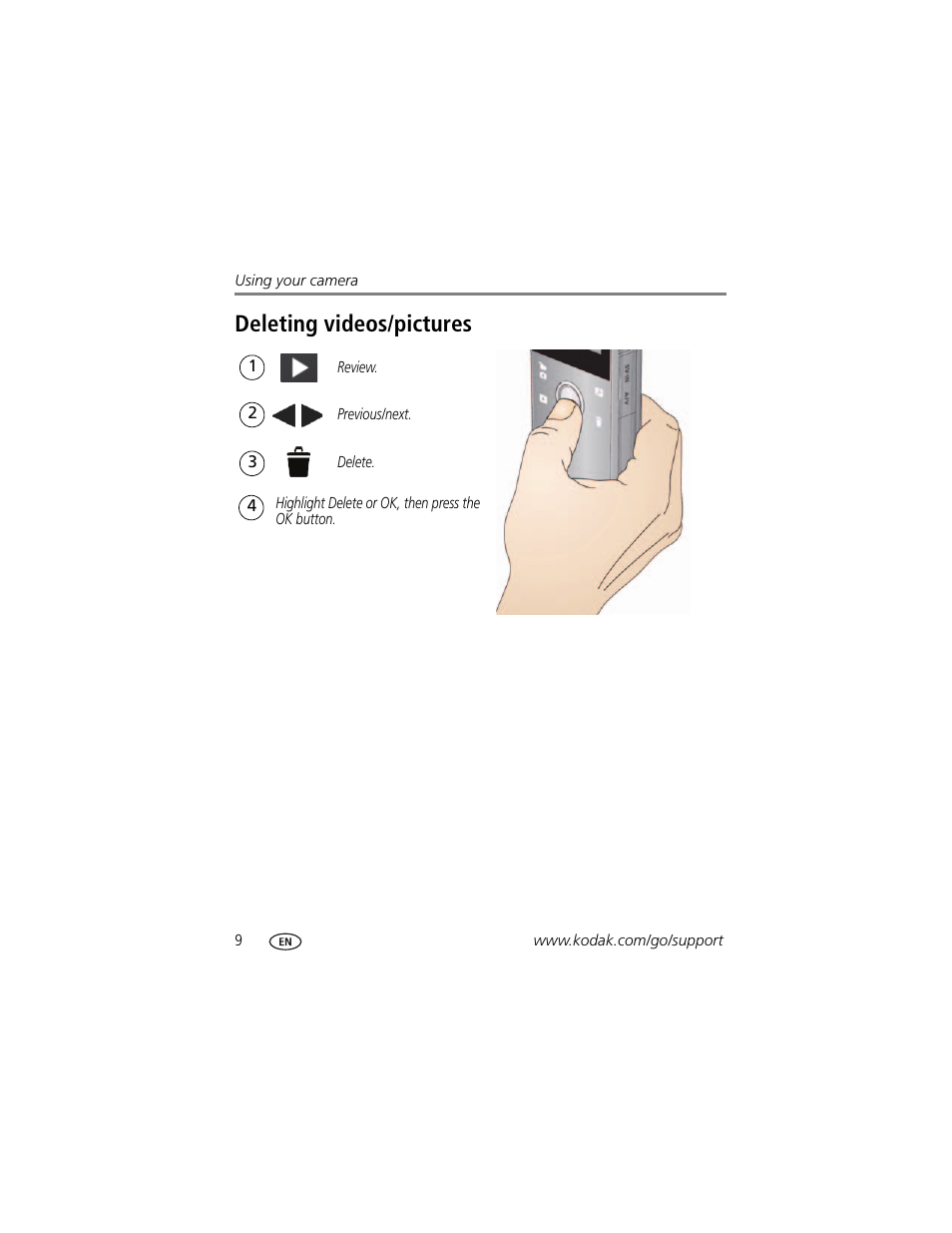 Deleting videos/pictures | Kodak PLAYFULL ZE1 User Manual | Page 16 / 34