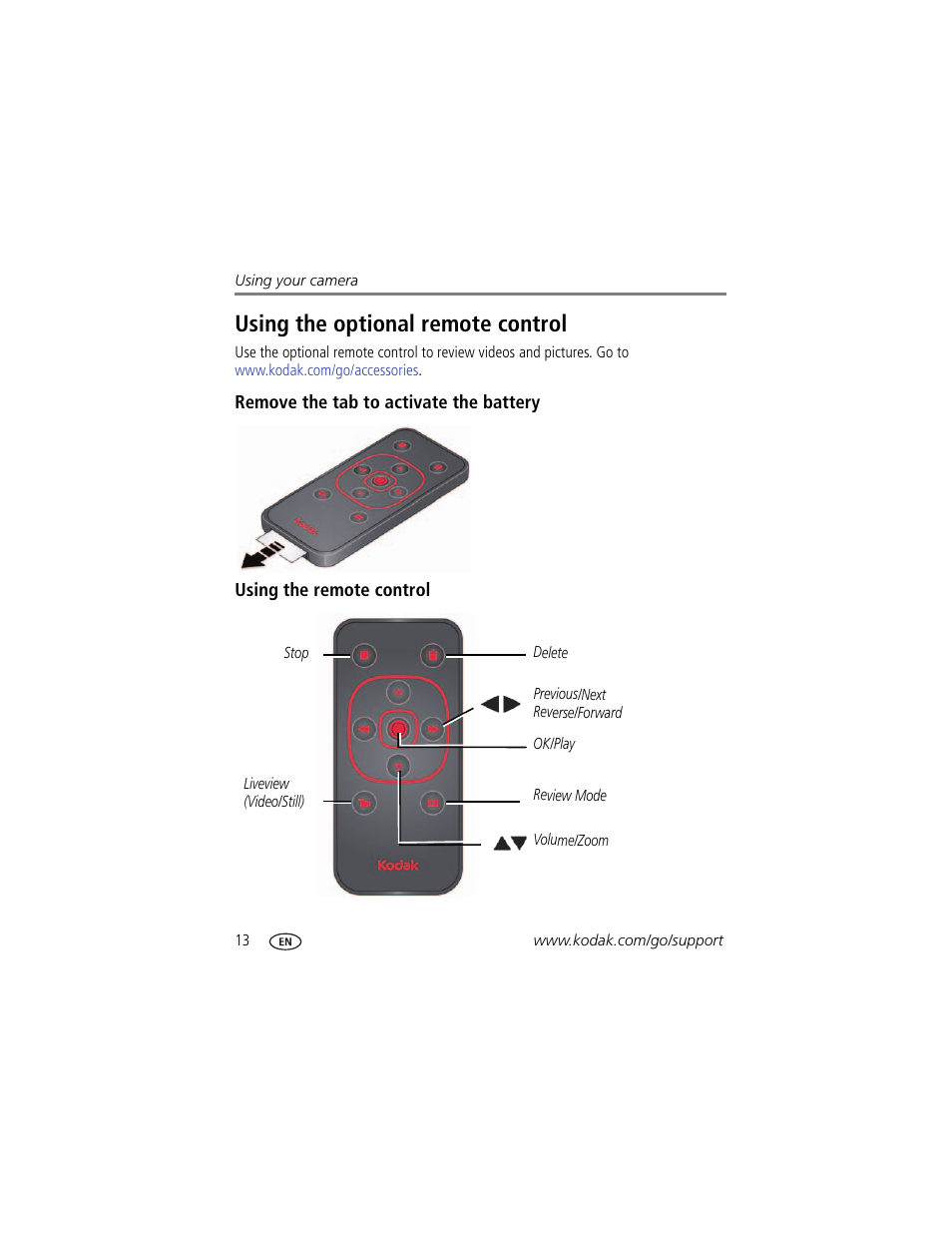 Using the optional remote control, Remove the tab to activate the battery, Using the remote control | Kodak PLAYFULL ZE1 User Manual | Page 20 / 34