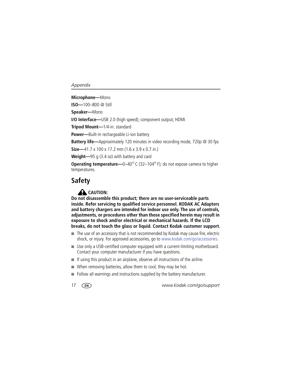 Safety | Kodak PLAYFULL ZE1 User Manual | Page 24 / 34