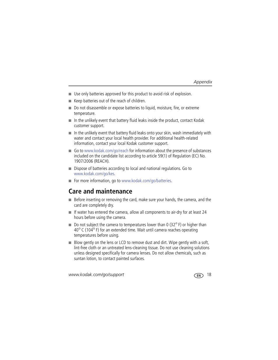 Care and maintenance | Kodak PLAYFULL ZE1 User Manual | Page 25 / 34