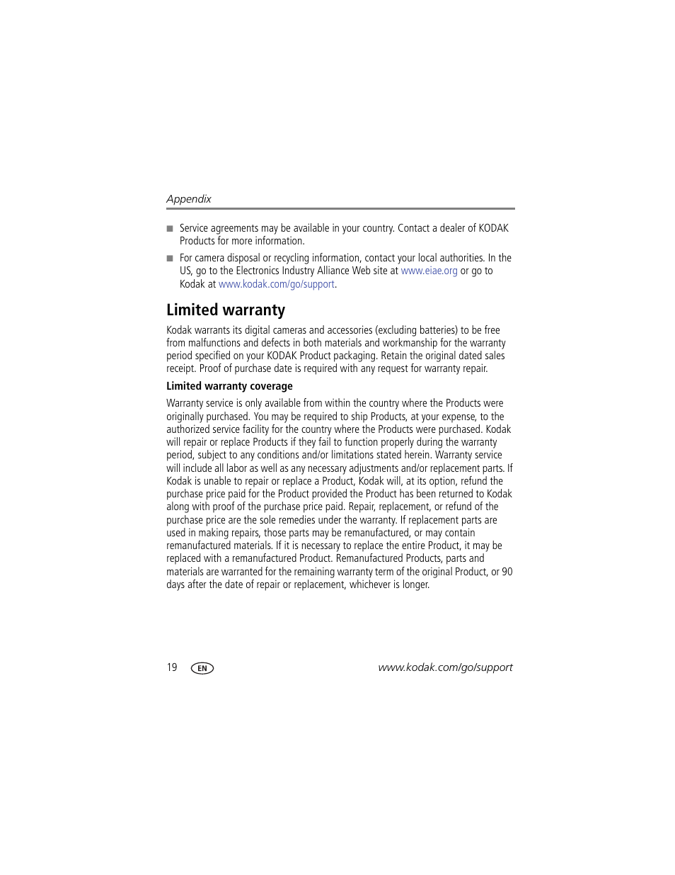 Limited warranty | Kodak PLAYFULL ZE1 User Manual | Page 26 / 34