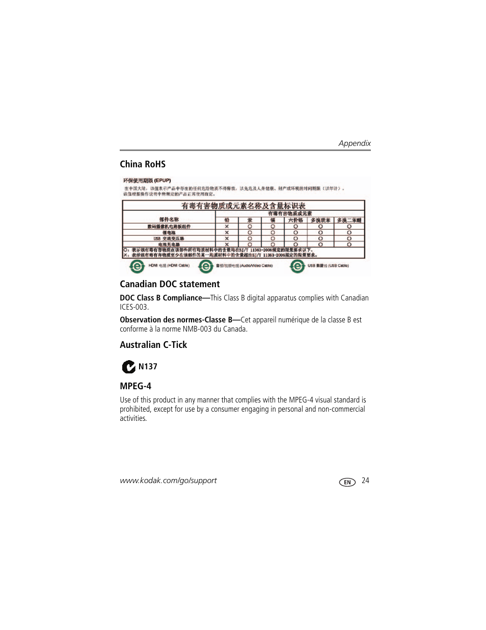 China rohs, Canadian doc statement, Australian c-tick | Mpeg-4 | Kodak PLAYFULL ZE1 User Manual | Page 31 / 34