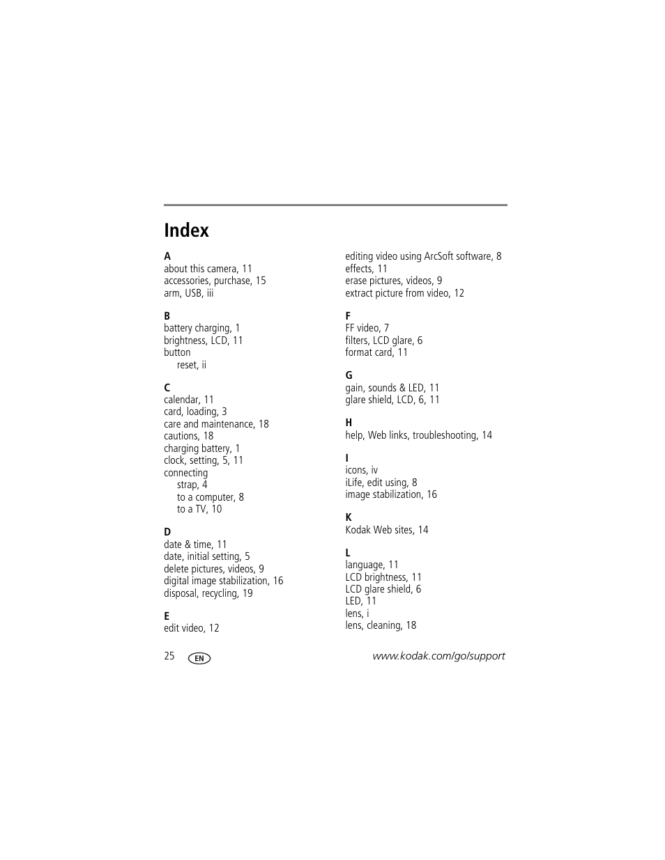 Index | Kodak PLAYFULL ZE1 User Manual | Page 32 / 34