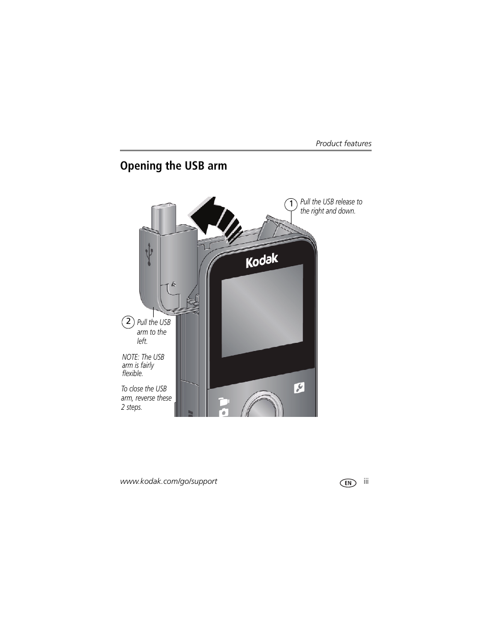 Opening the usb arm | Kodak PLAYFULL ZE1 User Manual | Page 5 / 34