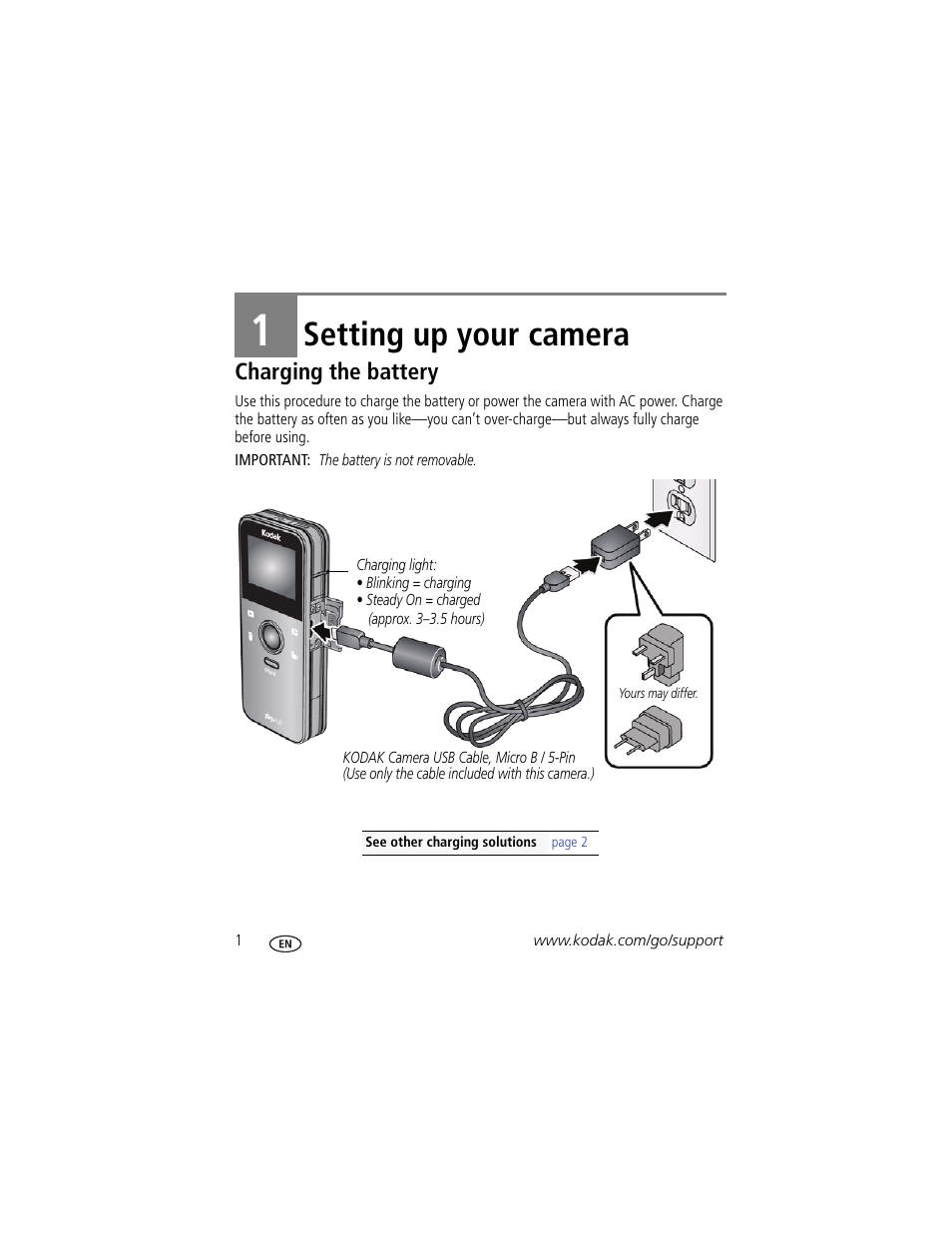 Setting up your camera, Charging the battery, 1 setting up your camera | Kodak PLAYFULL ZE1 User Manual | Page 8 / 34
