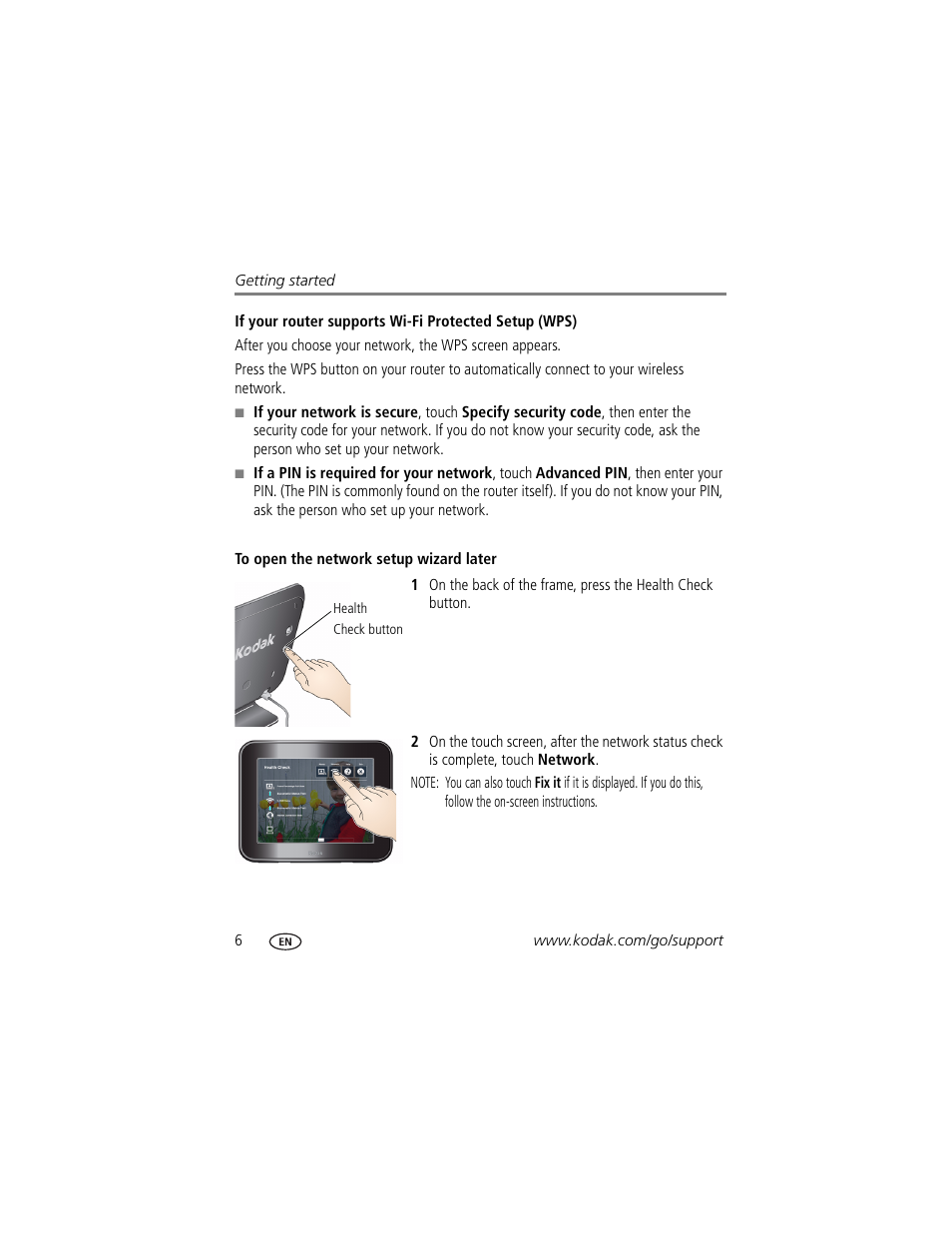 To open the network setup wizard later | Kodak Pulse S710 User Manual | Page 12 / 44