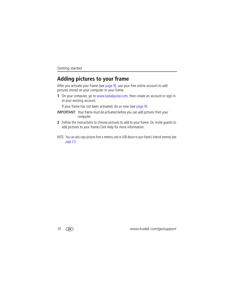 Adding pictures to your frame, Ctures (see | Kodak Pulse S710 User Manual | Page 16 / 44