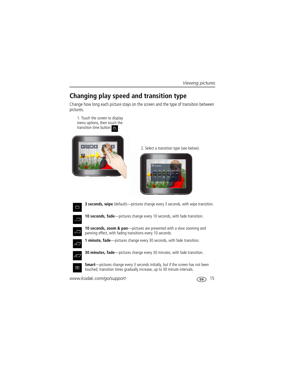 Changing play speed and transition type | Kodak Pulse S710 User Manual | Page 21 / 44