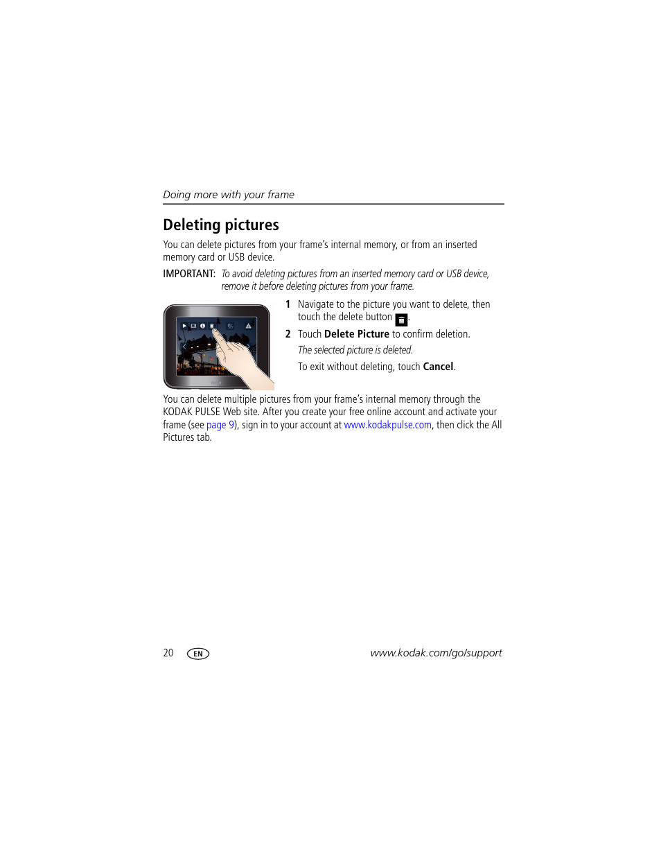 Deleting pictures | Kodak Pulse S710 User Manual | Page 26 / 44