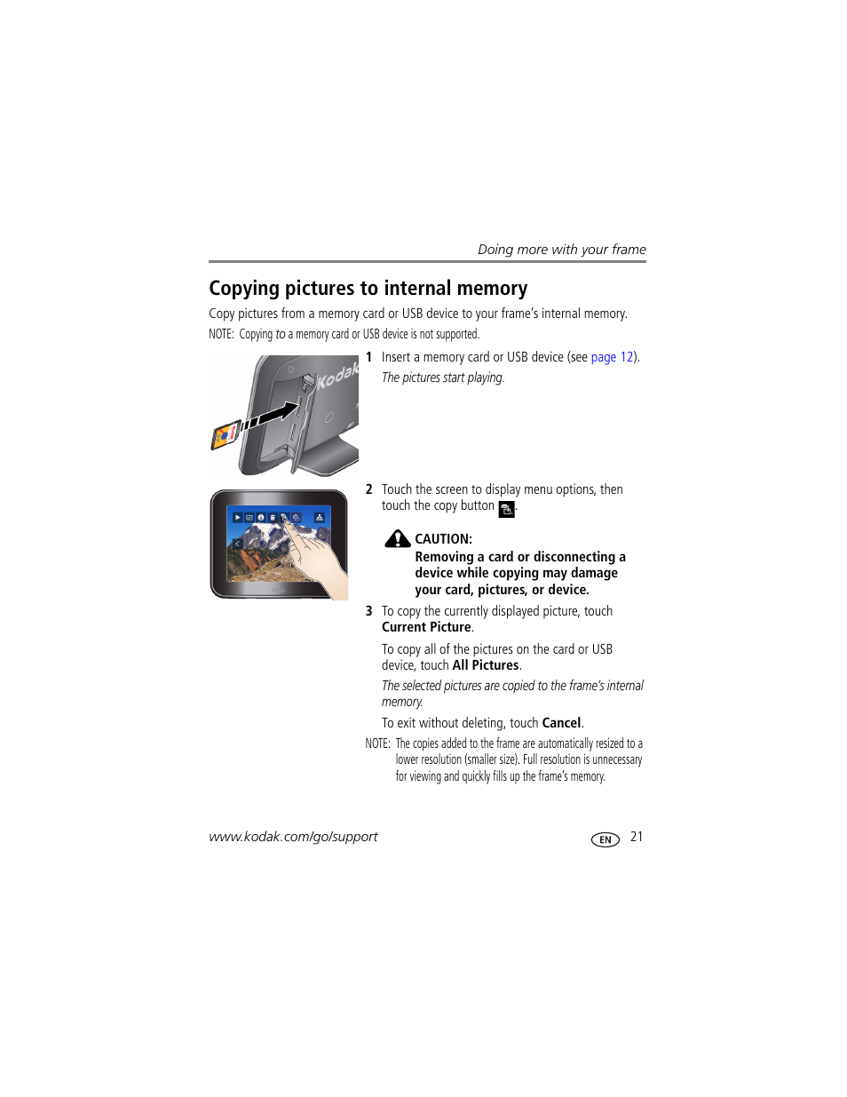 Copying pictures to internal memory | Kodak Pulse S710 User Manual | Page 27 / 44