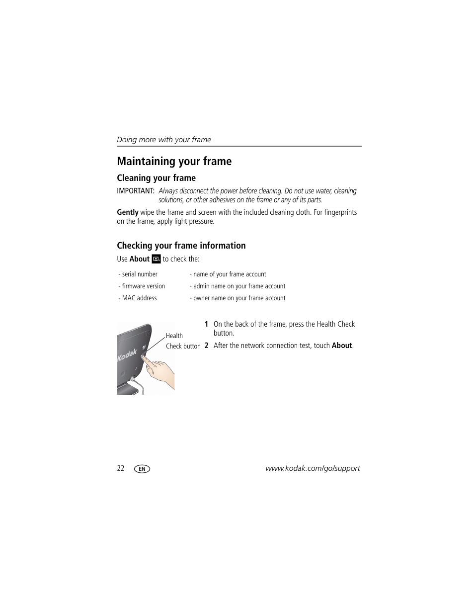 Maintaining your frame, Cleaning your frame, Checking your frame information | Kodak Pulse S710 User Manual | Page 28 / 44