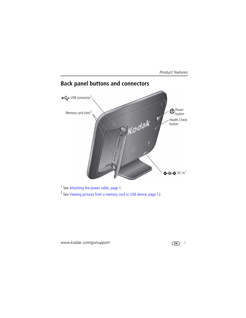 Product features, Back panel buttons and connectors | Kodak Pulse S710 User Manual | Page 3 / 44