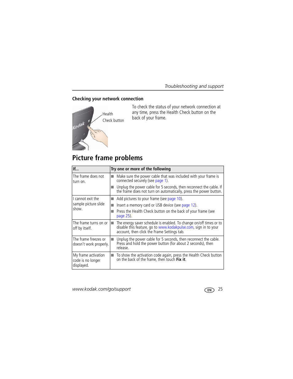 Checking your network connection, Picture frame problems | Kodak Pulse S710 User Manual | Page 31 / 44