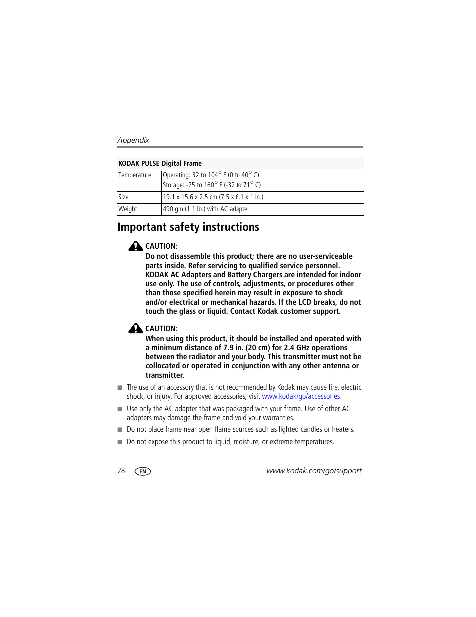 Important safety instructions | Kodak Pulse S710 User Manual | Page 34 / 44