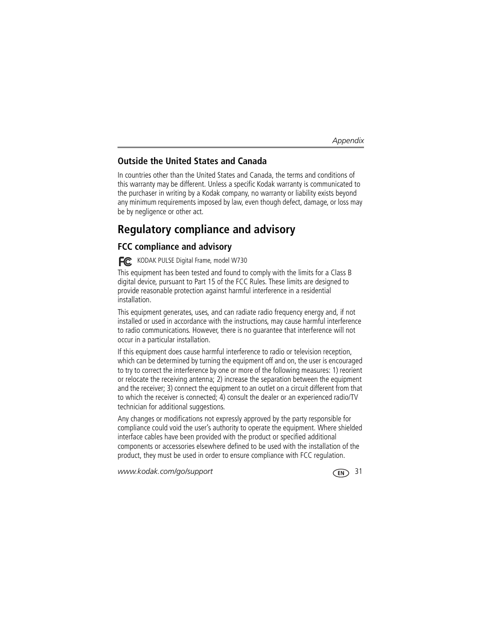 Outside the united states and canada, Regulatory compliance and advisory, Fcc compliance and advisory | Kodak Pulse S710 User Manual | Page 37 / 44