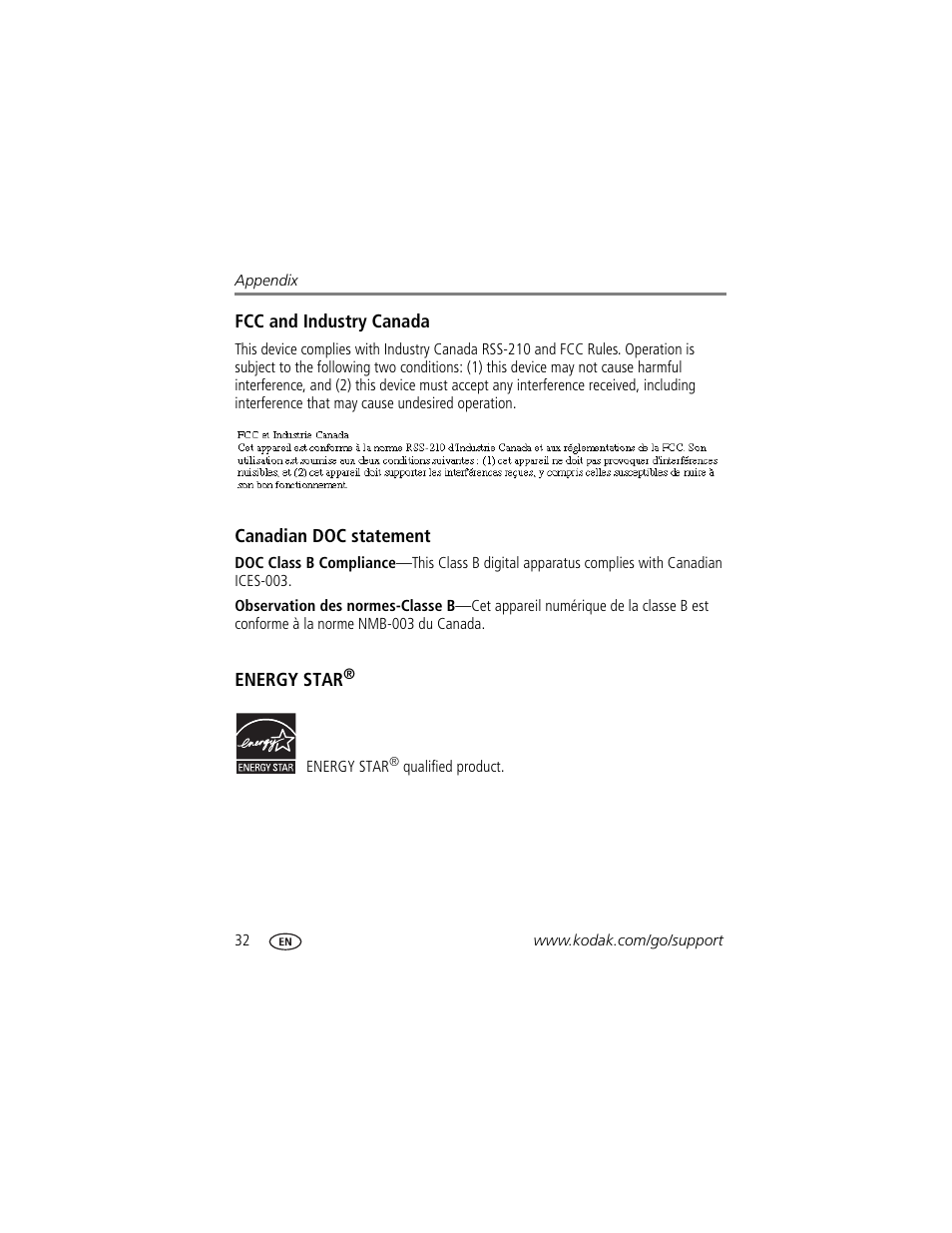 Fcc and industry canada, Canadian doc statement, Energy star | Kodak Pulse S710 User Manual | Page 38 / 44