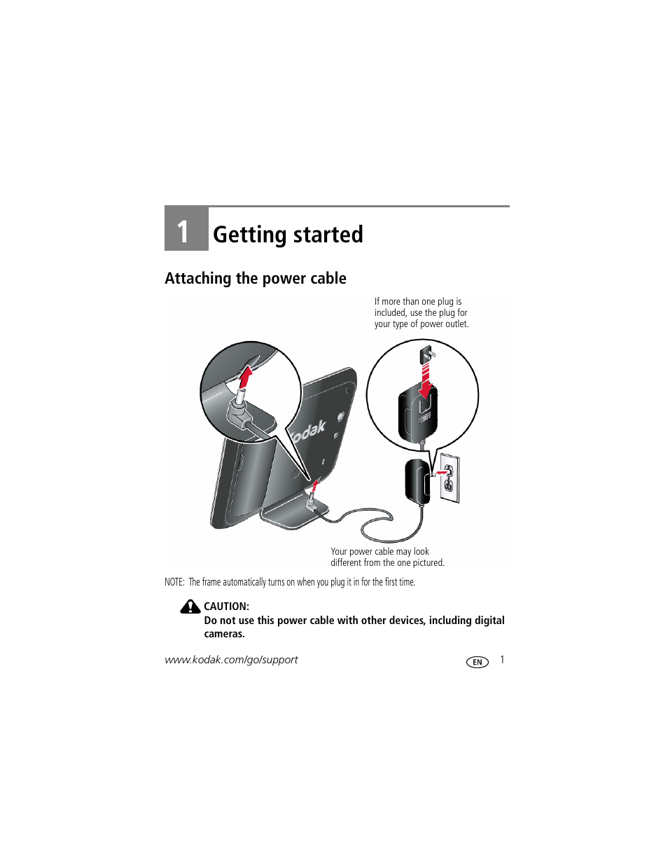 1 getting started, Attaching the power cable, Getting started | Kodak Pulse S710 User Manual | Page 7 / 44