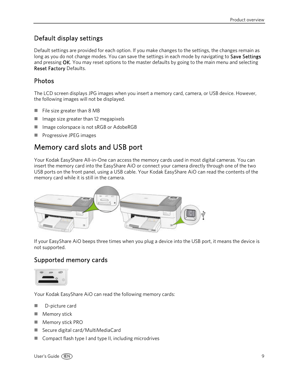 Default display settings, Photos, Memory card slots and usb port | Supported memory cards | Kodak 5300 User Manual | Page 13 / 104