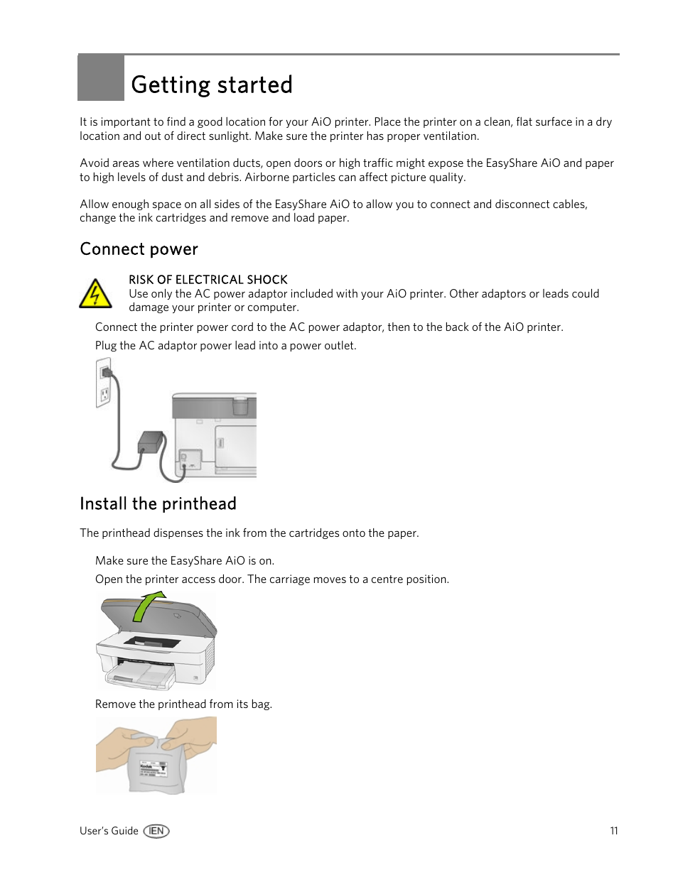 Getting started, Connect power, Install the printhead | Kodak 5300 User Manual | Page 15 / 104