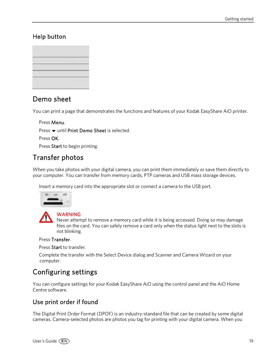 Help button, Demo sheet, Transfer photos | Configuring settings, Use print order if found | Kodak 5300 User Manual | Page 23 / 104