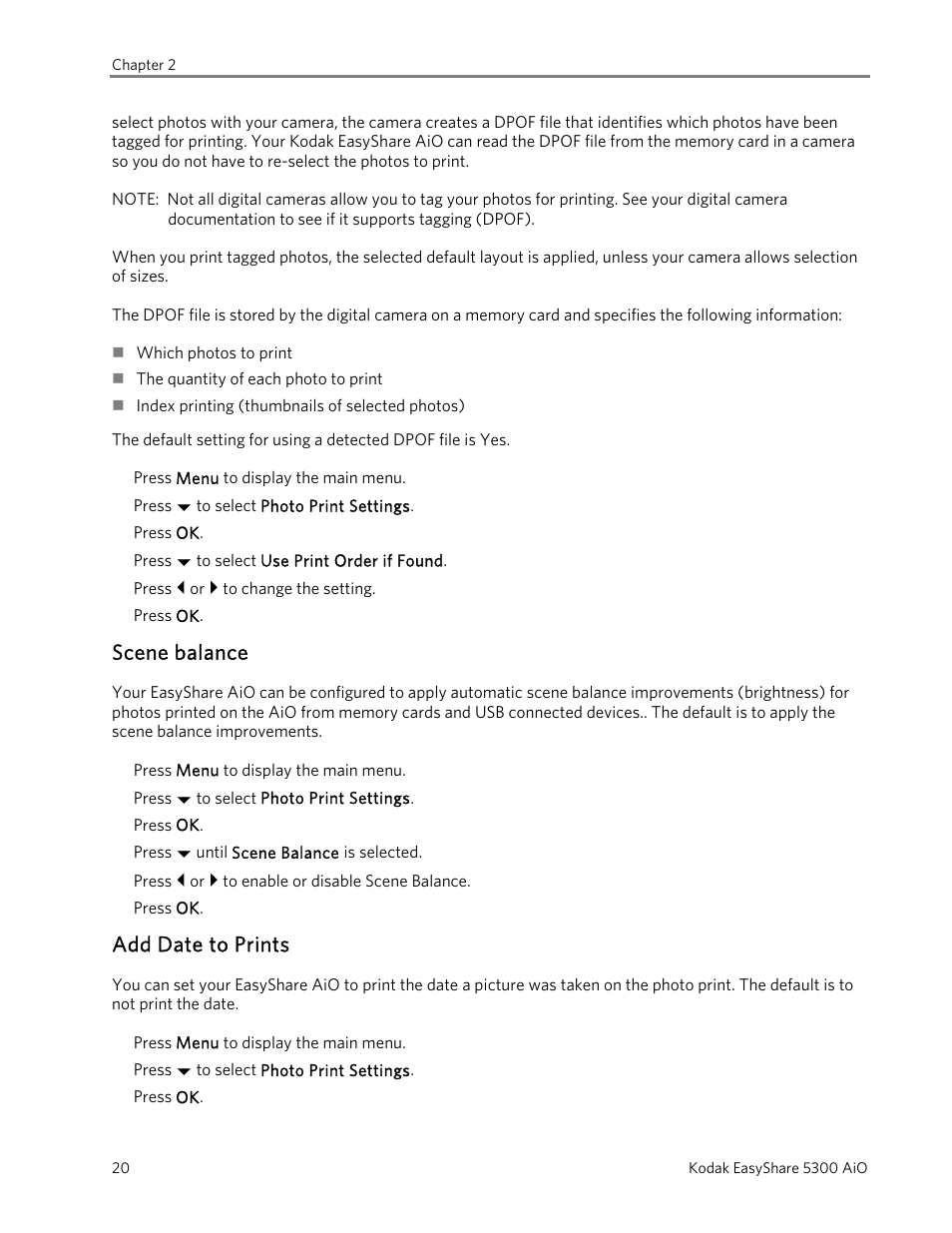 Scene balance, Add date to prints | Kodak 5300 User Manual | Page 24 / 104