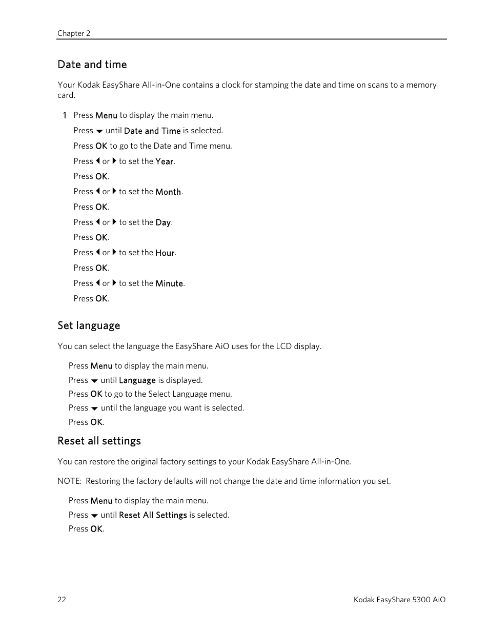 Date and time, Set language, Reset all settings | Kodak 5300 User Manual | Page 26 / 104