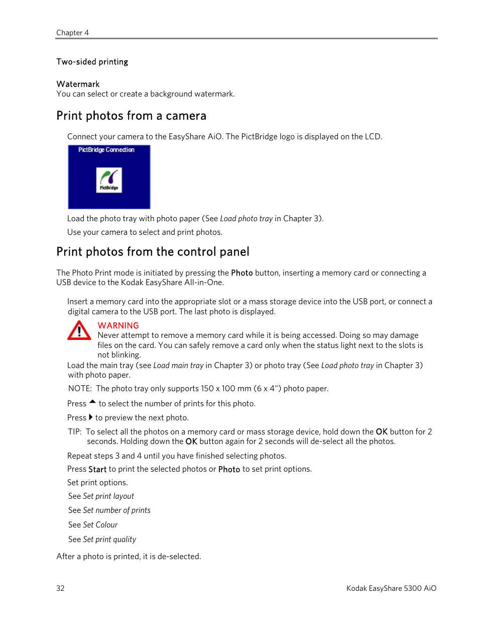 Print photos from a camera, Print photos from the control panel | Kodak 5300 User Manual | Page 36 / 104