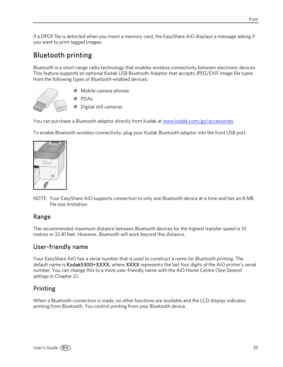 Bluetooth printing, Range, User-friendly name | Printing | Kodak 5300 User Manual | Page 39 / 104