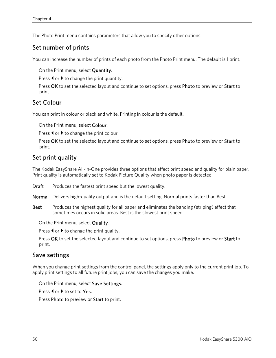 Set number of prints, Set colour, Set print quality | Save settings | Kodak 5300 User Manual | Page 54 / 104