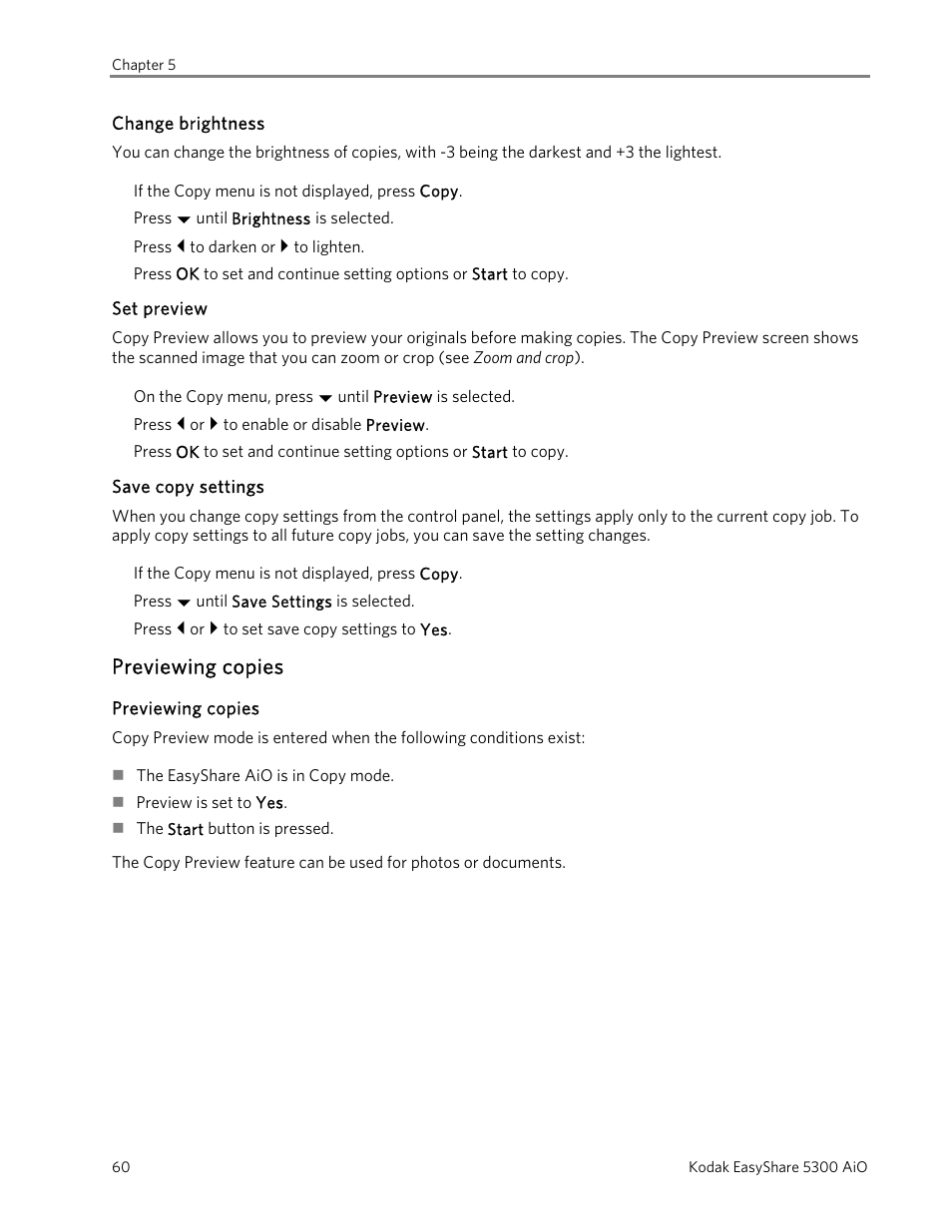 Change brightness, Set preview, Save copy settings | Previewing copies | Kodak 5300 User Manual | Page 64 / 104