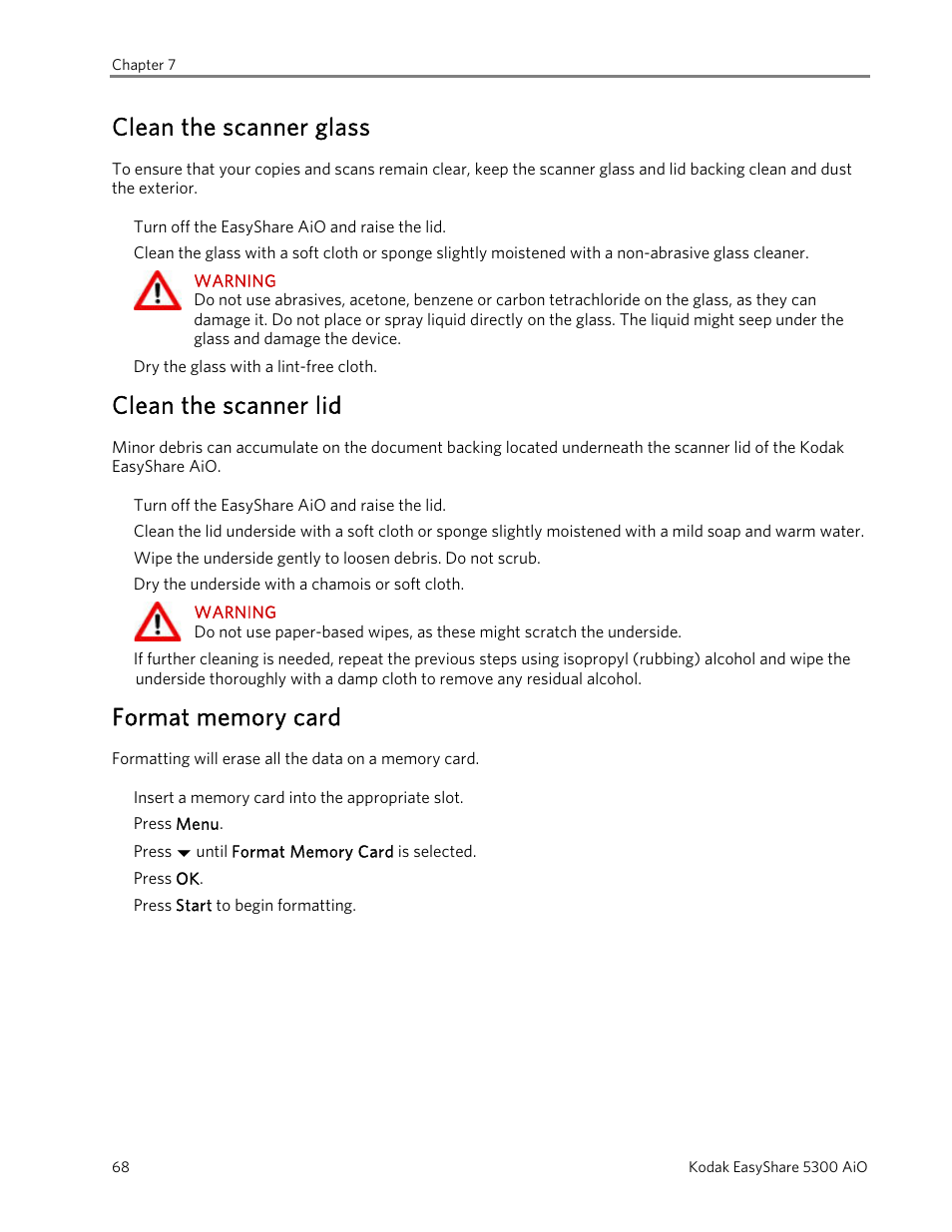 Clean the scanner glass, Clean the scanner lid, Format memory card | Kodak 5300 User Manual | Page 72 / 104