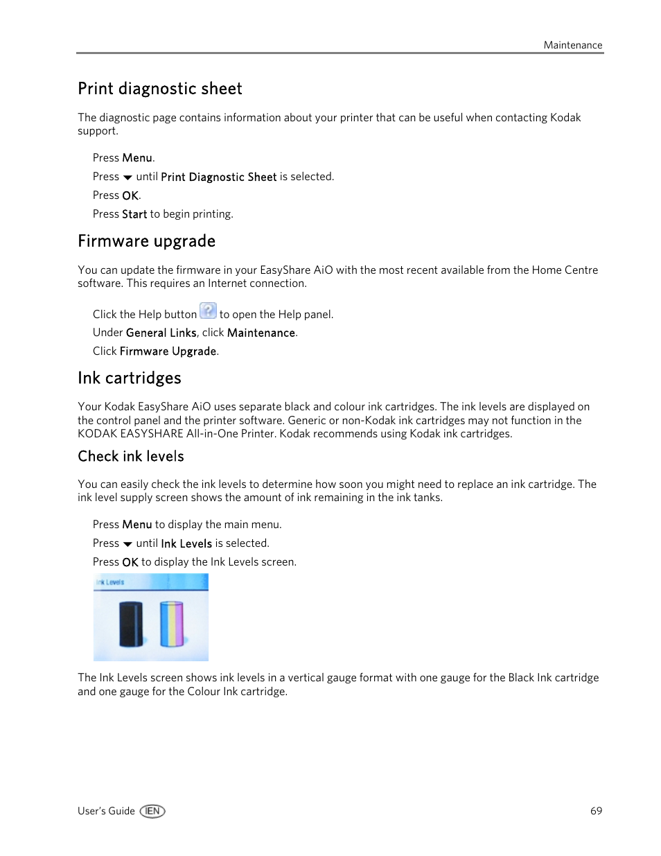 Print diagnostic sheet, Firmware upgrade, Ink cartridges | Check ink levels | Kodak 5300 User Manual | Page 73 / 104