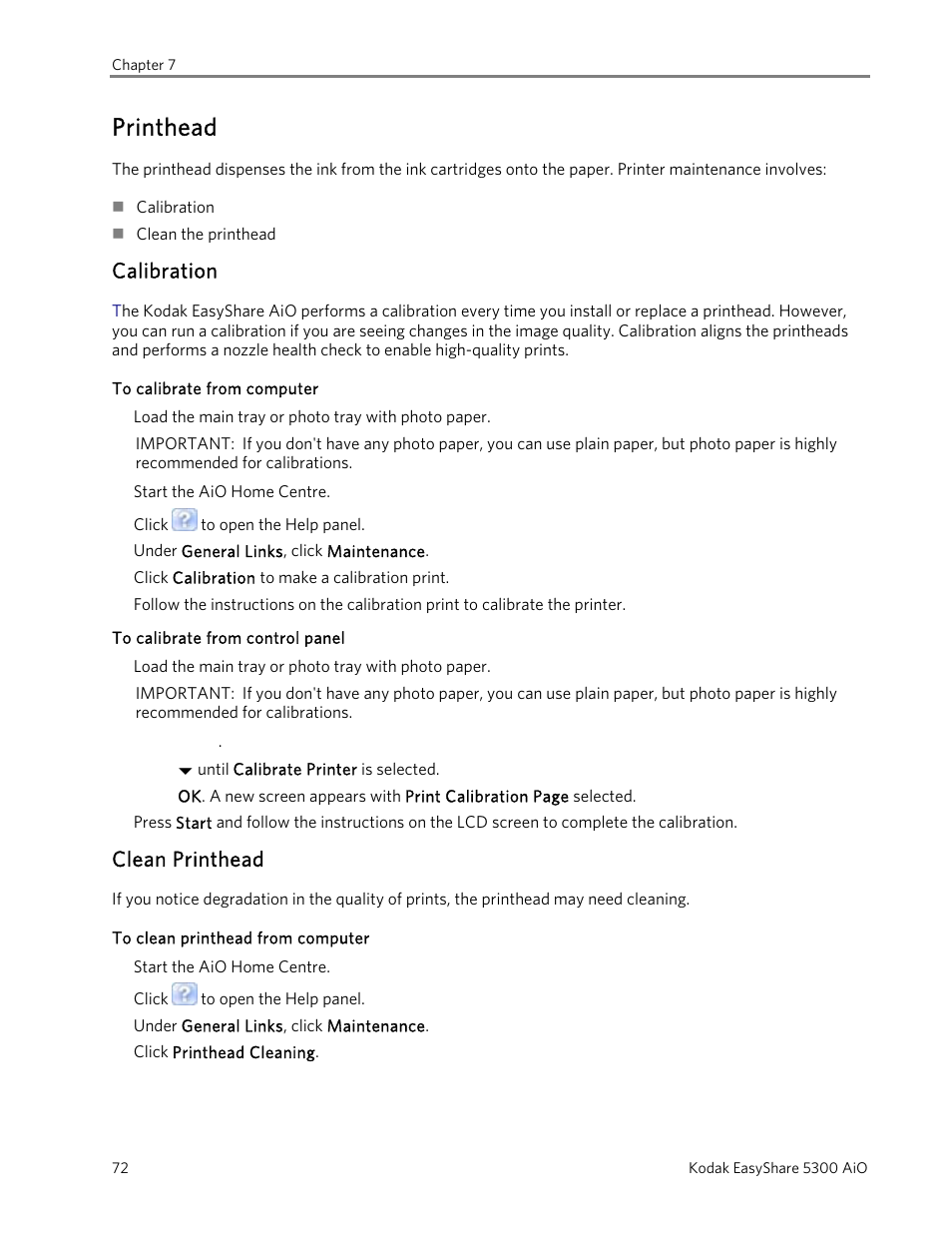 Printhead, Calibration, Clean printhead | Kodak 5300 User Manual | Page 76 / 104