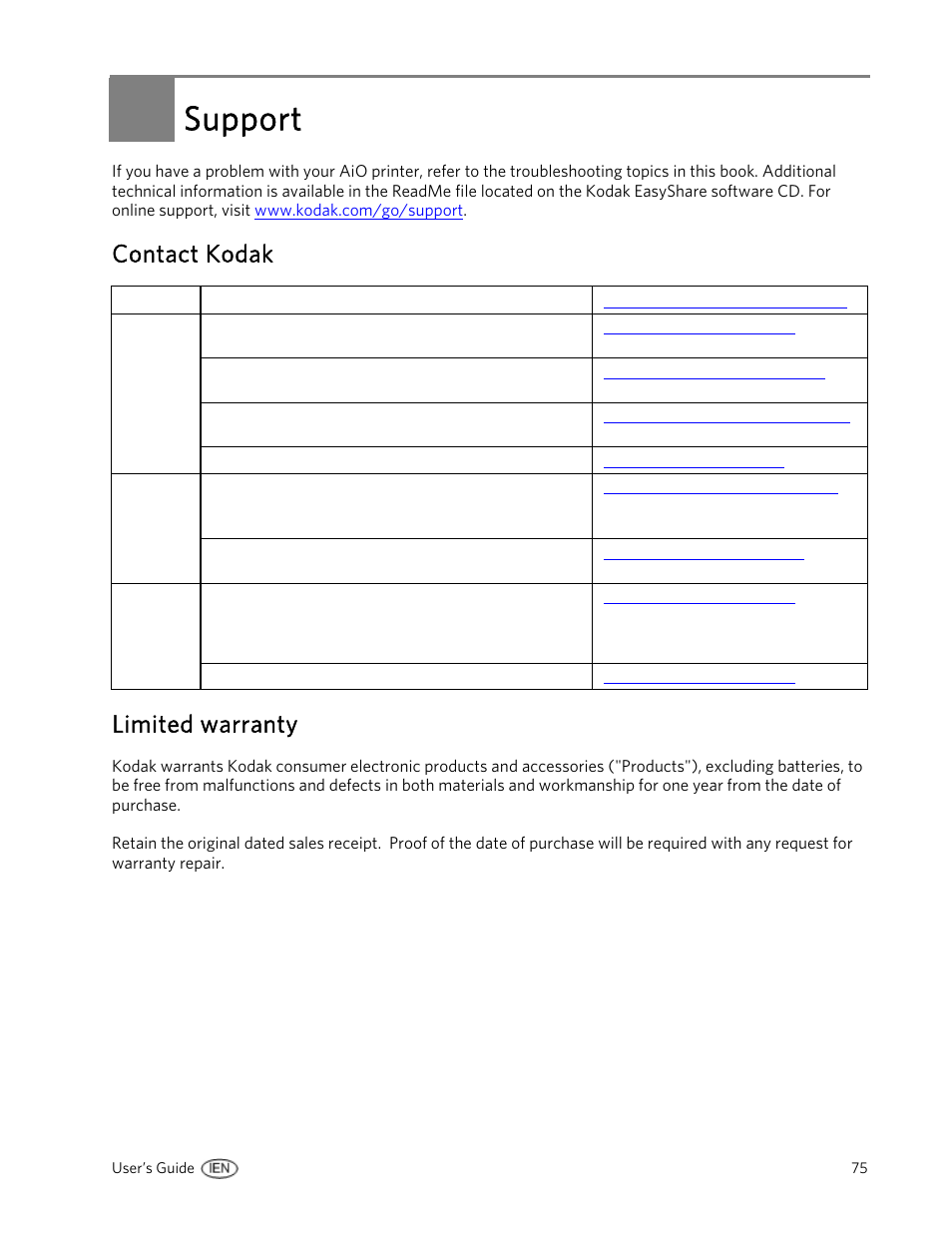 Support, Contact kodak, Limited warranty | Kodak 5300 User Manual | Page 79 / 104