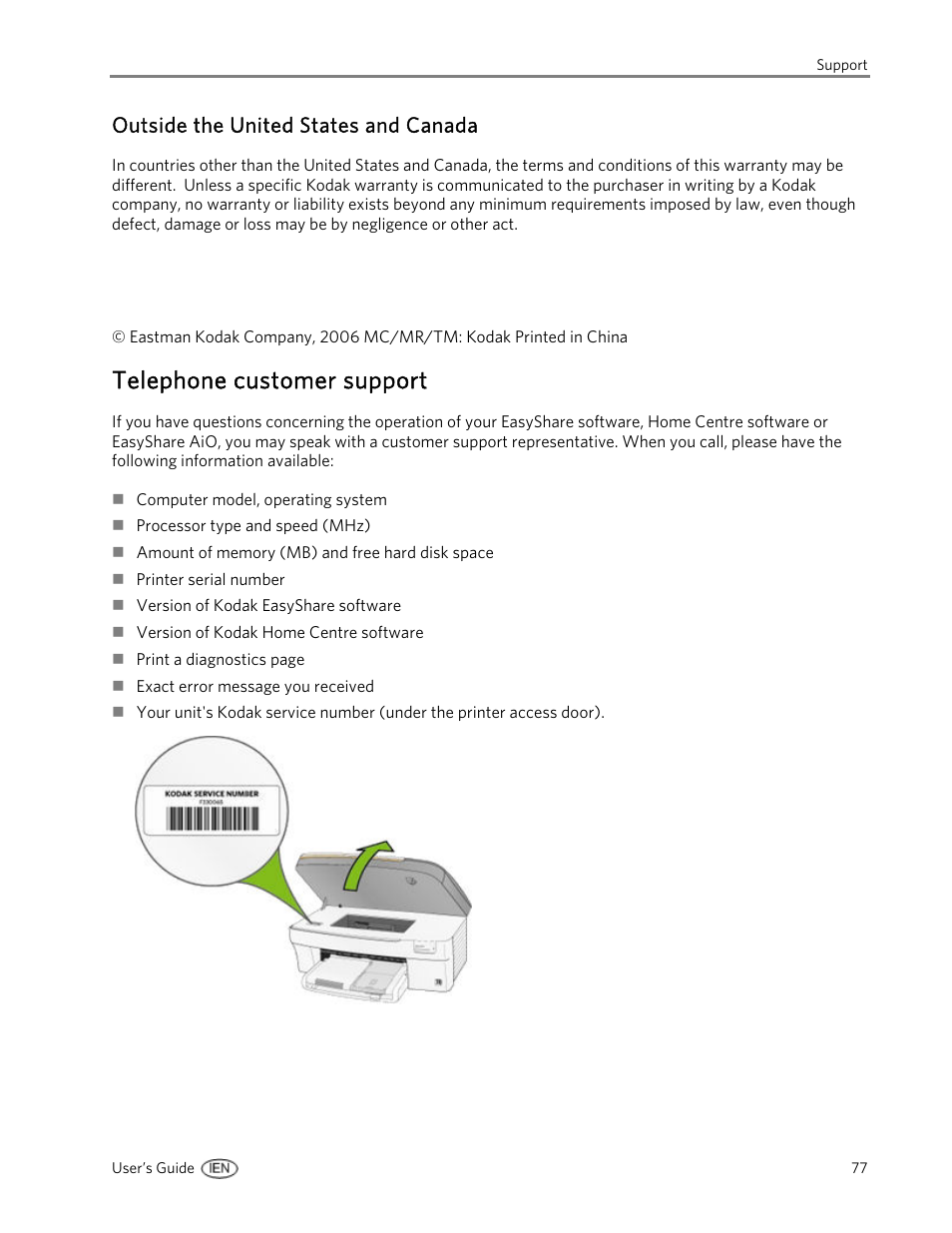 Outside the united states and canada, Telephone customer support | Kodak 5300 User Manual | Page 81 / 104