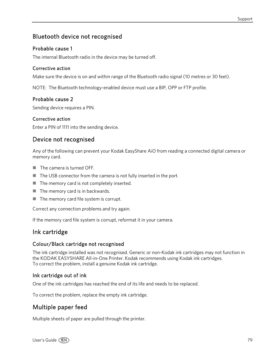 Bluetooth device not recognised, Probable cause 1, Corrective action | Probable cause 2, Device not recognised, Ink cartridge, Colour/black cartridge not recognised, Ink cartridge out of ink, Multiple paper feed | Kodak 5300 User Manual | Page 83 / 104