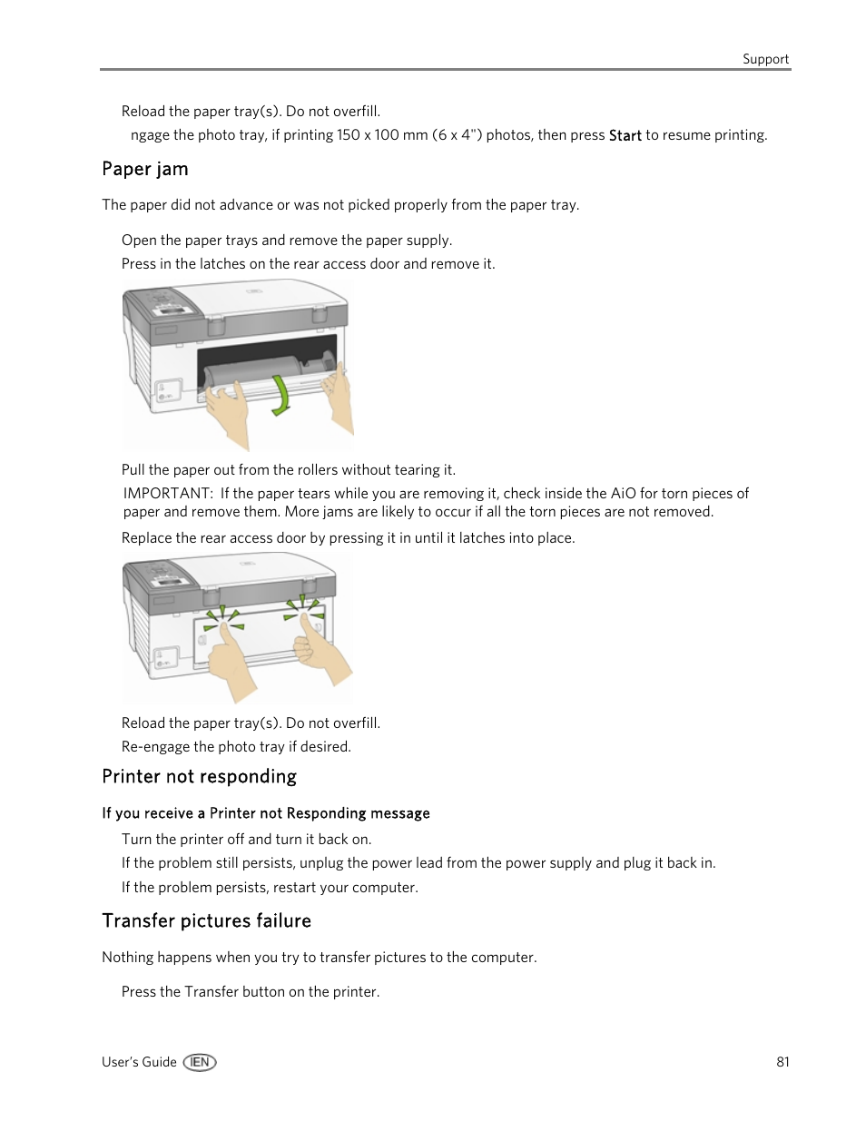 Paper jam, Printer not responding, Transfer pictures failure | Kodak 5300 User Manual | Page 85 / 104