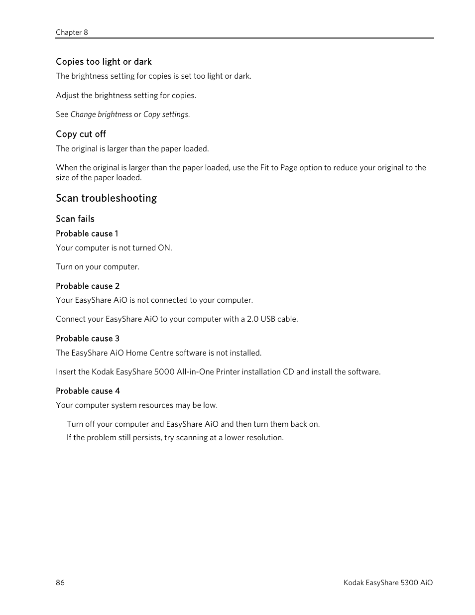 Copies too light or dark, Copy cut off, Scan troubleshooting | Scan fails, Probable cause 1, Probable cause 2, Probable cause 3, Probable cause 4 | Kodak 5300 User Manual | Page 90 / 104